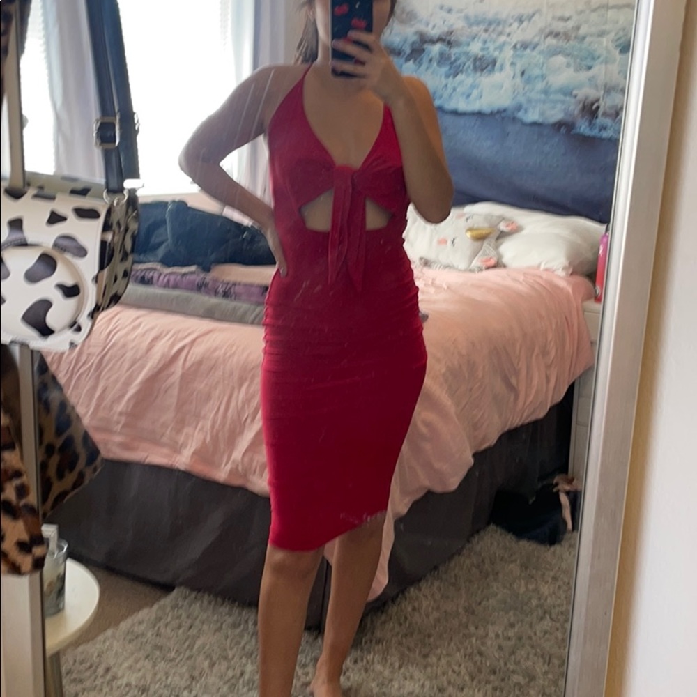 red midi tight dress tie front cefian